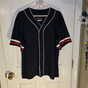 Original Use Mens Baseball Jersey Black White Red Trim Short Sleeve Size L